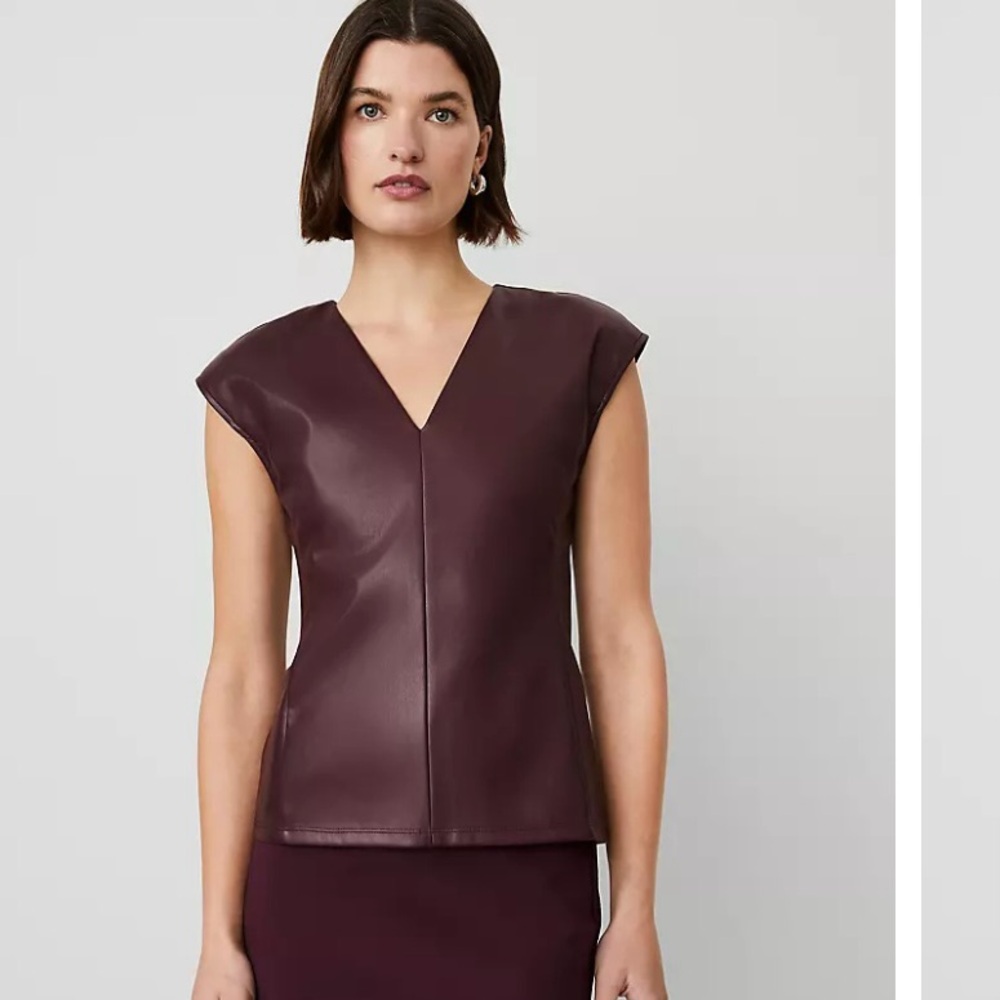 Ann Taylor Faux Leather V-Neck Cap Sleeve Top Small
